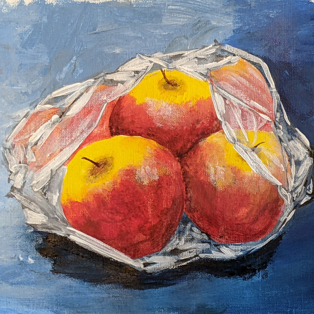 Beginning oil painting class at the Creative Arts Center of Dallas - oil painting of apples in plastic bag